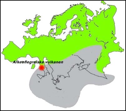 Karta ver askans spridning vid den Arkeoflegreisk vulkanens utbrott (23K)