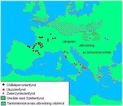 Schematisk kart ver fynd frn neandertalare och moderna i Europa fr 40000 r sedan (36K)