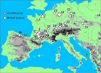 Karta ver Europa visande fynd av statyetter i Gnnersdorfstil
