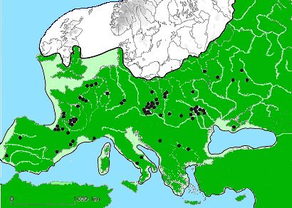 Fyndplatser frn gravettienkulturen i Europa 
