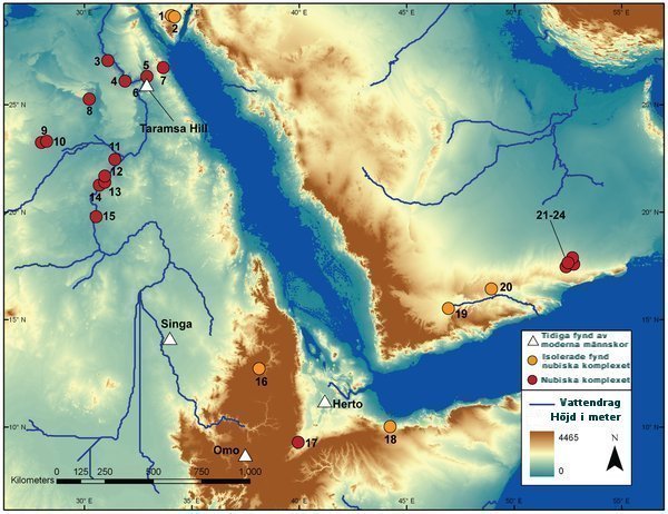Karta med fyndplatser frn det nubiska komplexet (71K)