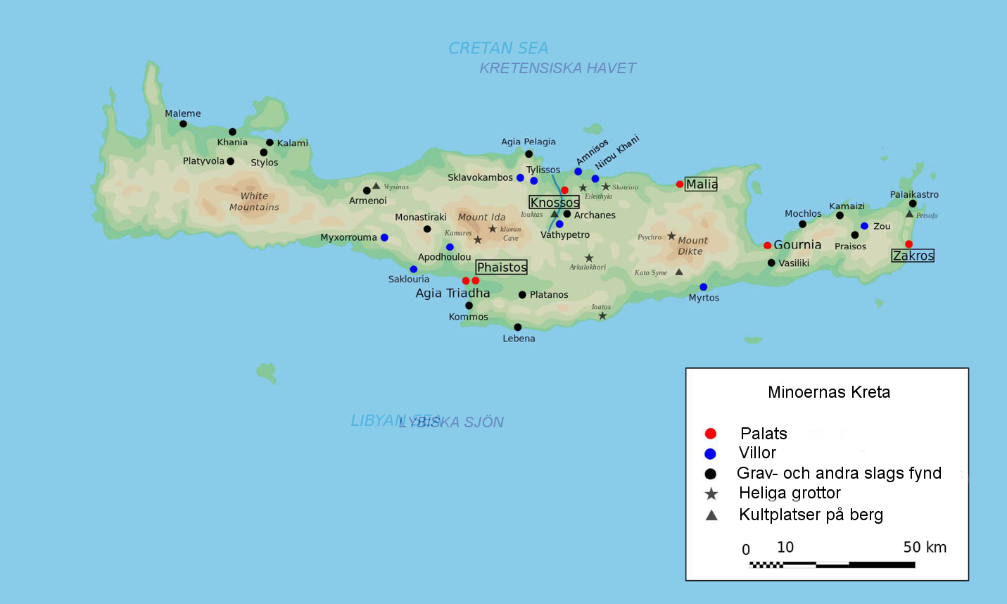 Karta över Kreta under den minoiska kulturen.