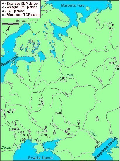 Karta över paleolitiska fyndplatser i Östeuropa